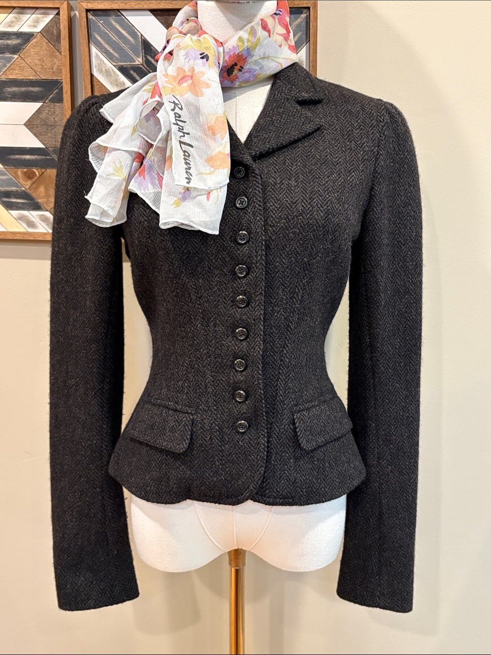 Vintage Ralph Lauren Rugby Y2K Wool Herringbone Blazer Jacket size 2